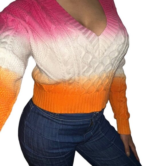 Wilfred Free Aritzia Wool V-neck cropped knit sweater Pink Orange Ombre sz XXS - Picture 3 of 13